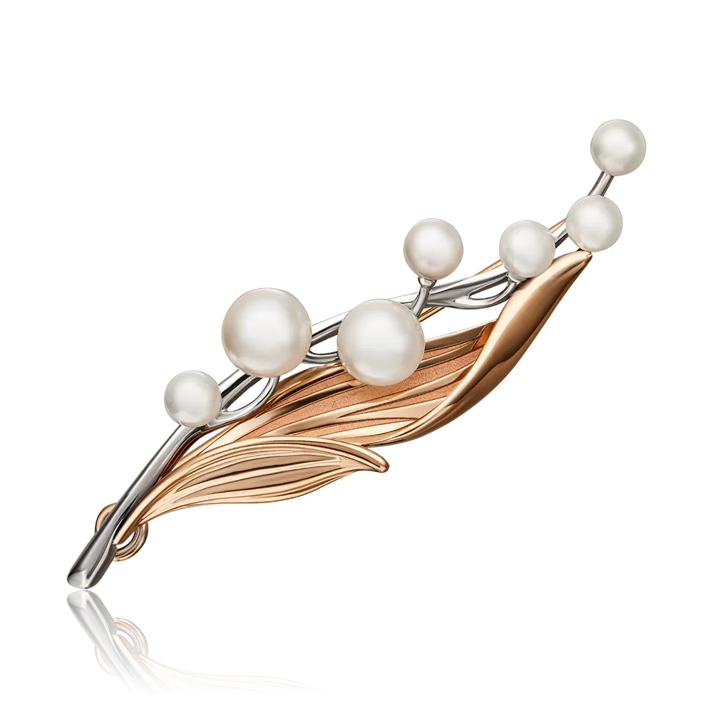 Брошь «Ландыш» из комбинированного золота с жемчугом культивированным 04-0218-00-301-1111-31