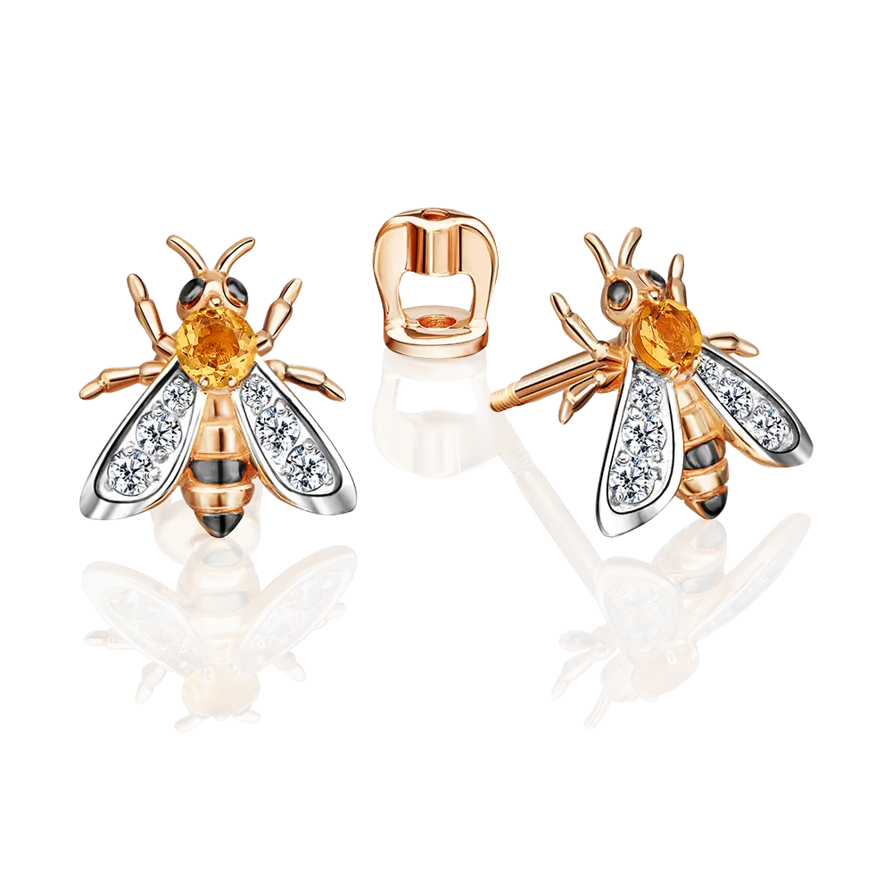Серьги-пусеты «Пчёлы» из красного золота с цитрином и натуральными топазами white 02-4683-00-282-1110-57