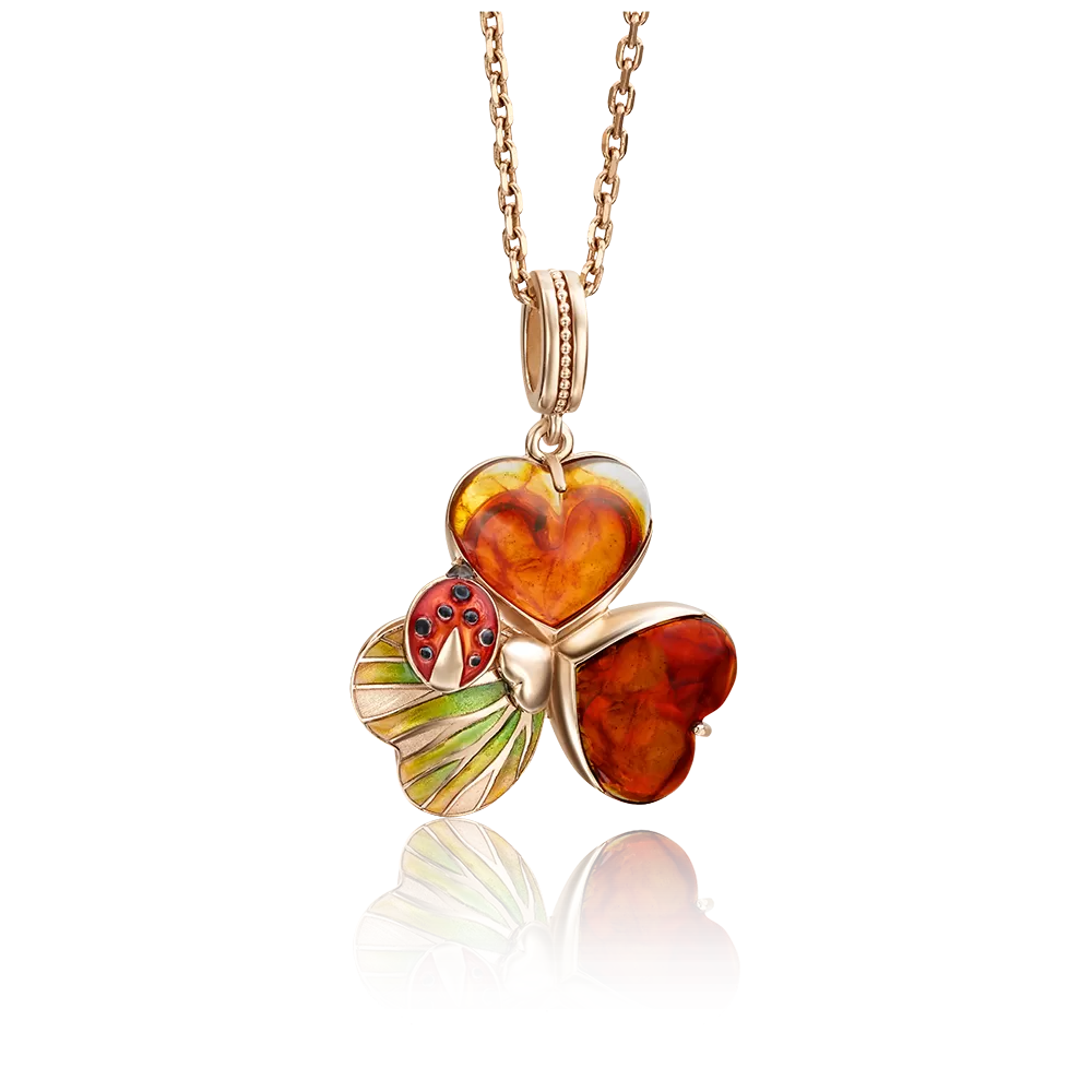 Подвеска «Трилистник» из красного золота с янтарём и эмалью 03-2767-00-271-1110-46