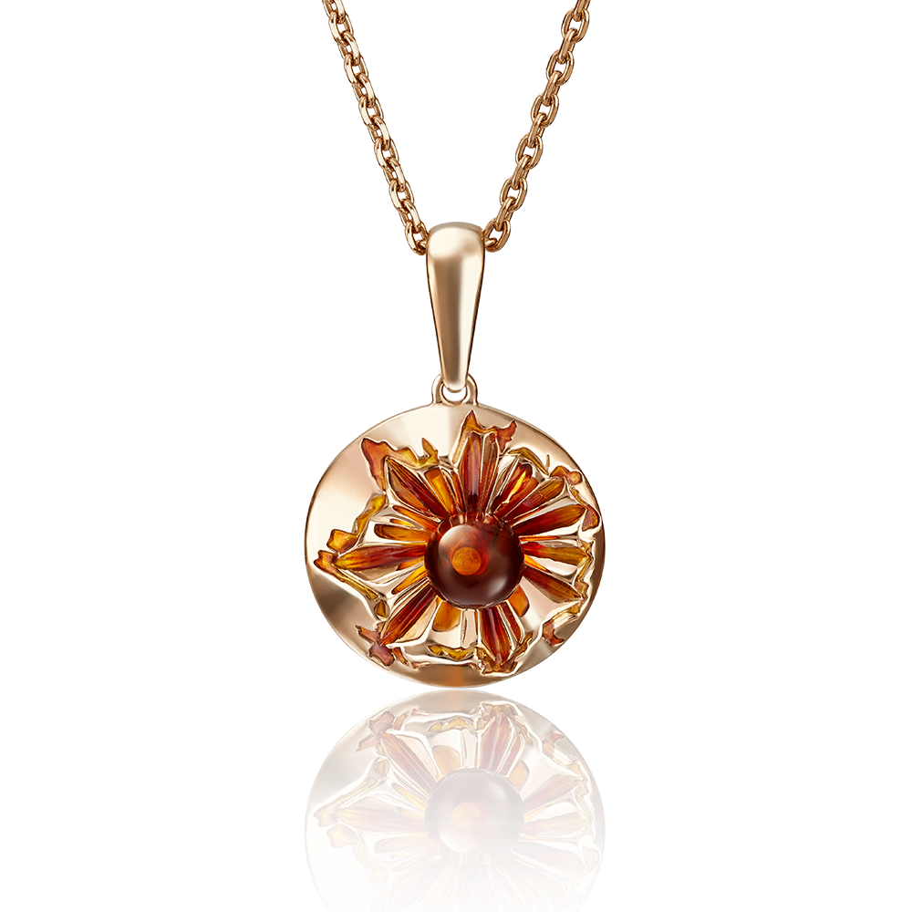 Подвеска «Солнце» из красного золота с янтарём и эмалью 03-2783-00-271-1110-46