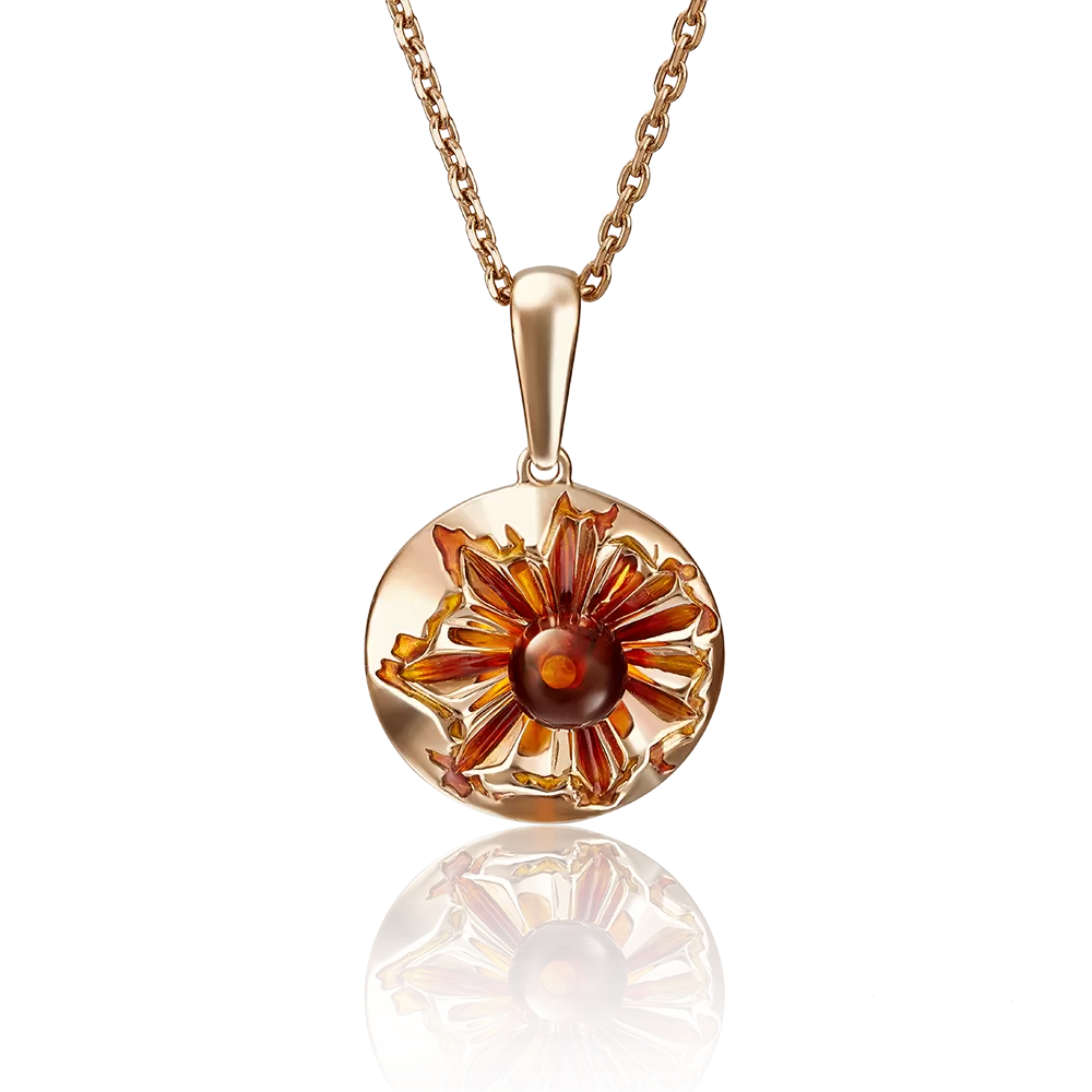 Подвеска «Солнце» из красного золота с янтарём и эмалью 03-2783-00-271-1110-46