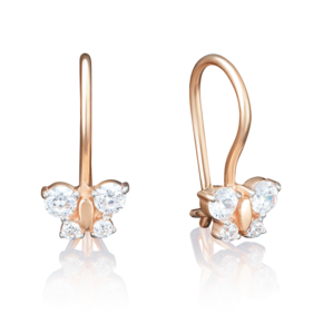 Детские серьги «Бабочки» с французским замком из красного золота с фианитами 02-2134-00-401-1110-03