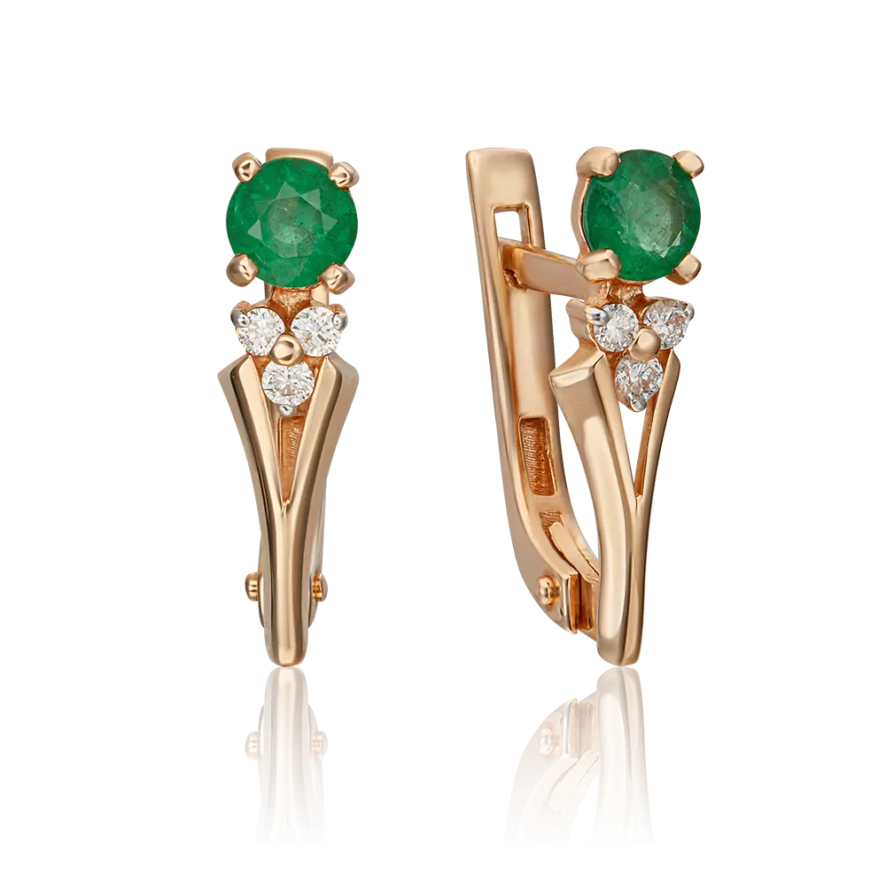 Серьги с английским замком из красного золота с изумрудом и бриллиантами 02-0439-00-106-1110-30