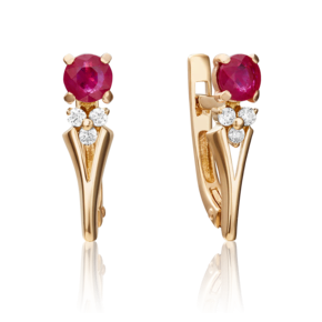 Серьги с английским замком из красного золота с рубином и бриллиантами