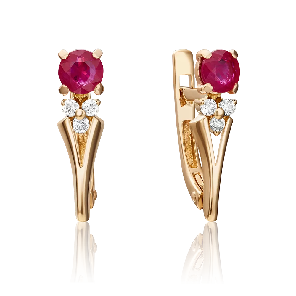 Серьги с английским замком из красного золота с рубином и бриллиантами 02-0439-00-107-1110-30