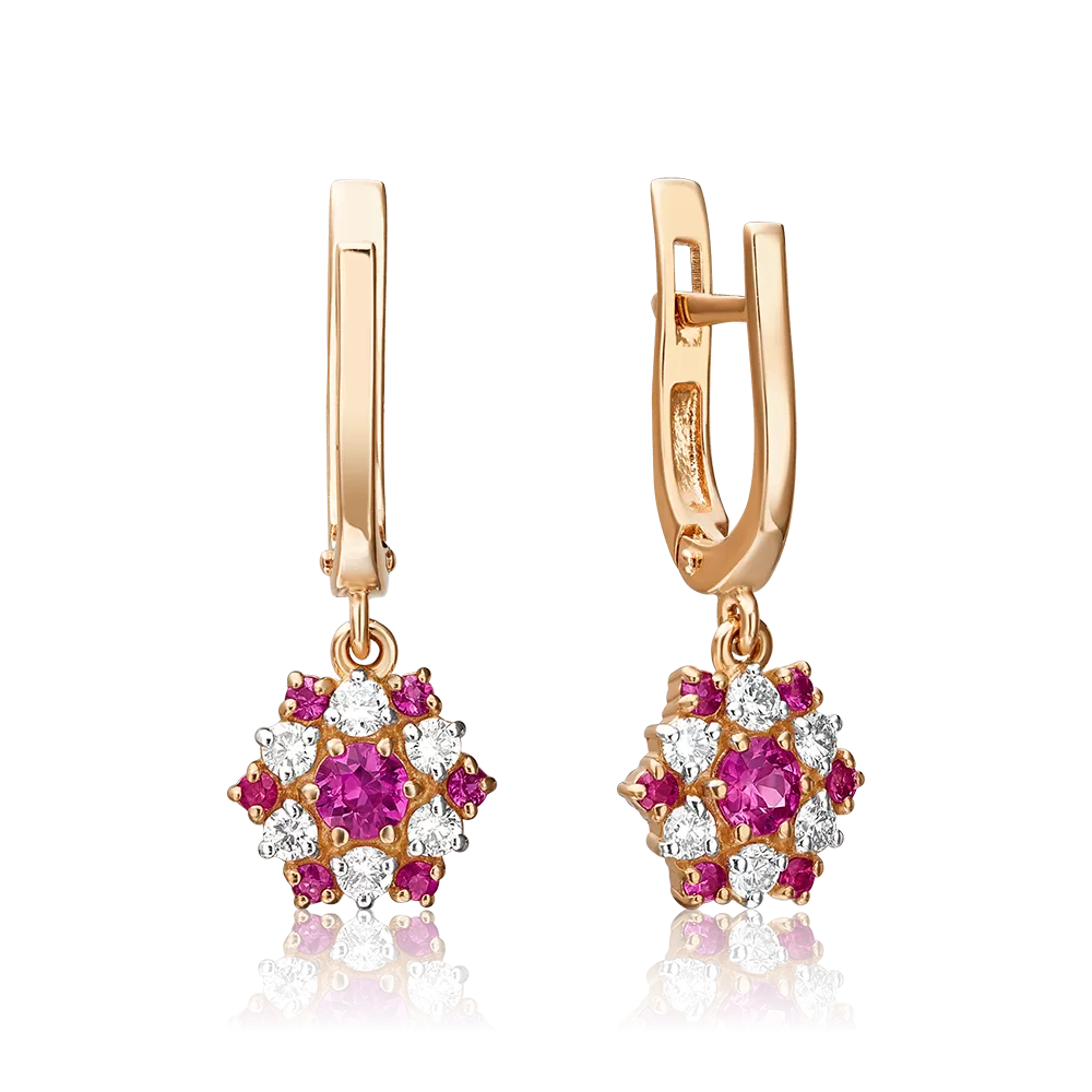 Серьги с английским замком из красного золота с рубинами и бриллиантами 02-0443-00-107-1110-30