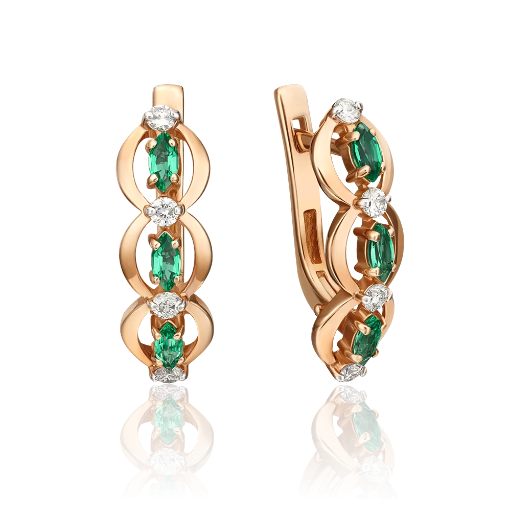 Серьги с английским замком из красного золота с изумрудами и бриллиантами 02-0445-00-106-1110-30