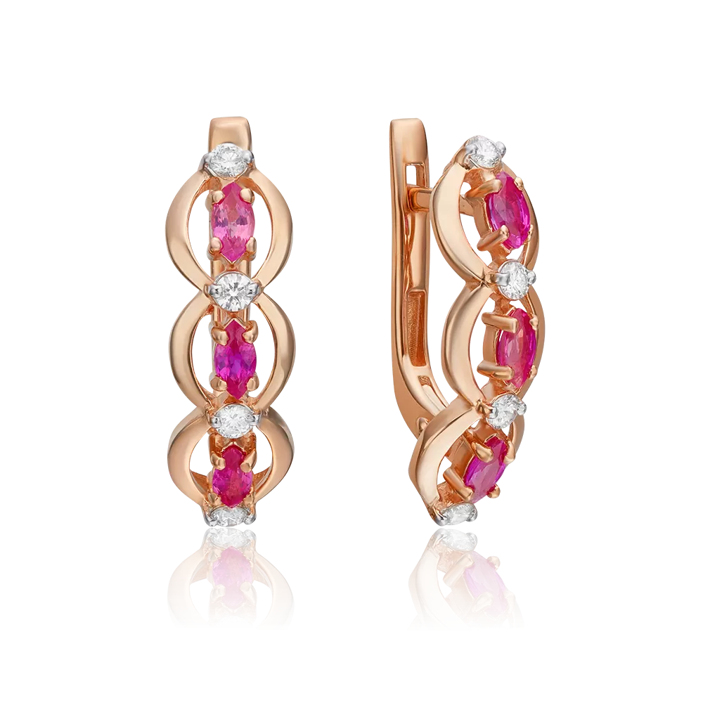 Серьги с английским замком из красного золота с рубинами и бриллиантами 02-0445-00-107-1110-30