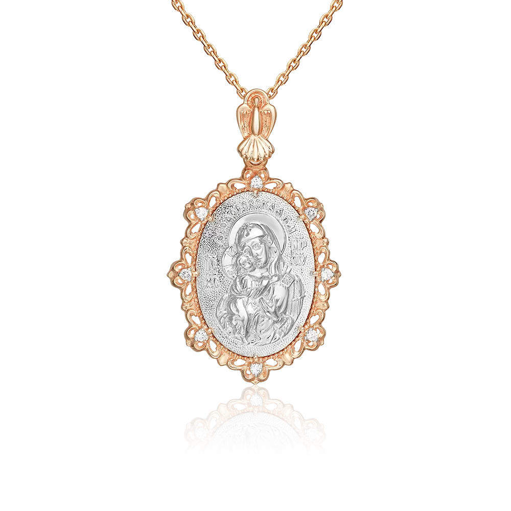 Иконка «Божия Матерь Феодоровская» из комбинированного золота с фианитами 03-1481-00-401-1111-42