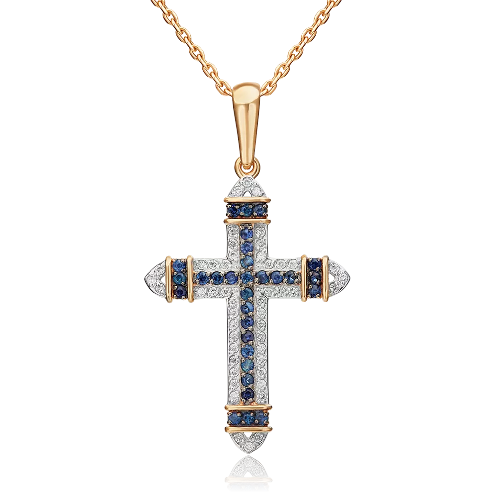 Декоративный крест из красного золота с сапфирами и бриллиантами 03-0454-00-105-1110-30