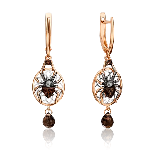 Серьги «Ловец снов» (пожелание удачи) с английским замком из комбинированного золота с кварцем дымчатым 02-4691-00-202-1111-75