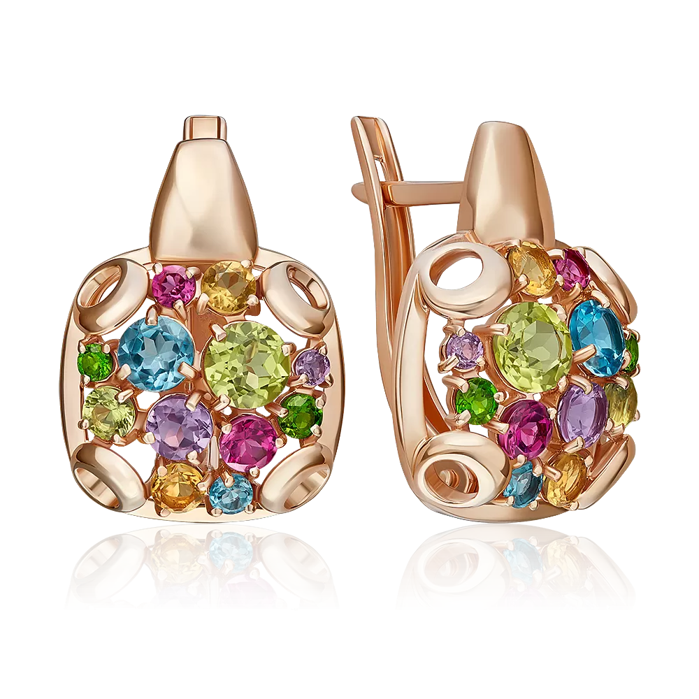 Серьги с английским замком из красного золота с миксом камней 02-5397-00-717-1110