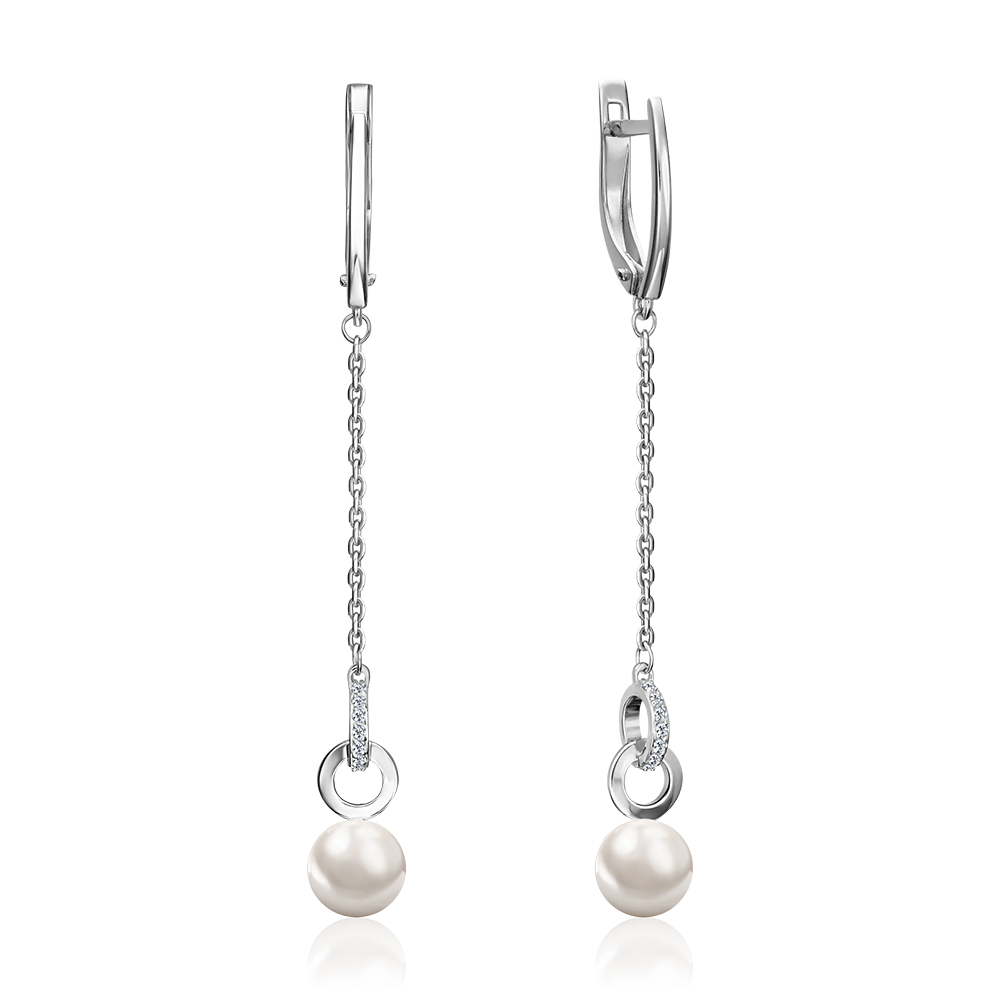 Серьги с английским замком из серебра с жемчугом культивированным и фианитами 02-5606-00-302-0200