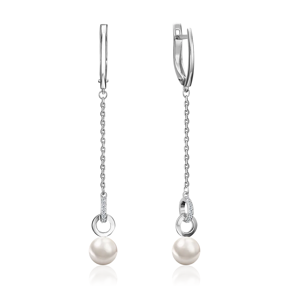 Серьги с английским замком из серебра с жемчугом культивированным и фианитами 02-5606-00-302-0200