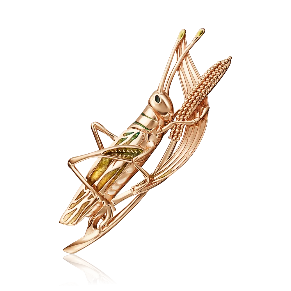 Брошь «Кузнечик» из красного золота с эмалью 04-0204-00-000-1110-65