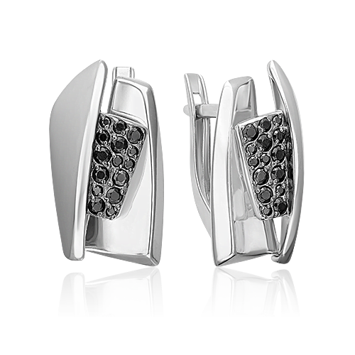 Серьги с английским замком из серебра с чёрными фианитами 02-5074-00-402-0200