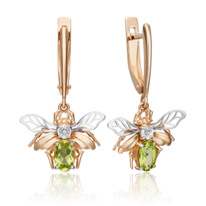 Серьги «Мухи» с английским замком из комбинированного золота с хризолитом и натуральным топазом white 02-4538-00-243-1111-57