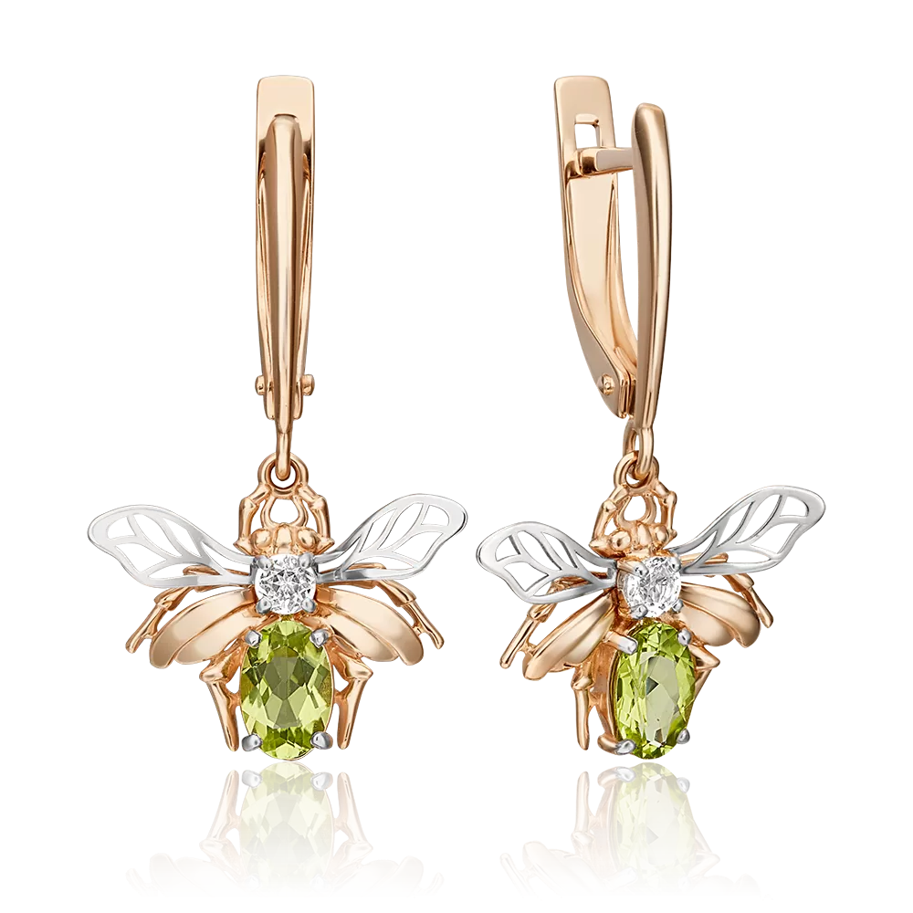 Серьги «Мухи» с английским замком из комбинированного золота с хризолитом и натуральным топазом white 02-4538-00-243-1111-57