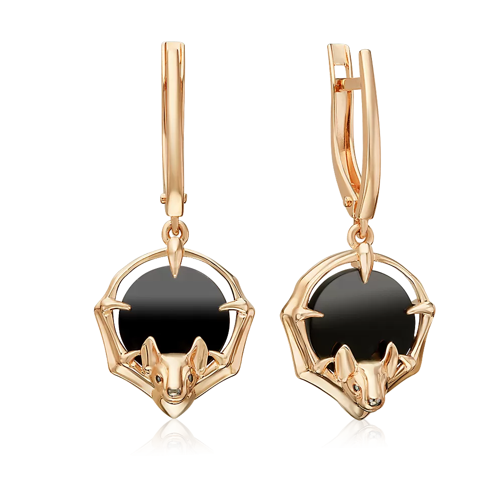 Серьги «Летучие мыши» с английским замком из красного золота с ониксом 02-5451-00-281-1110