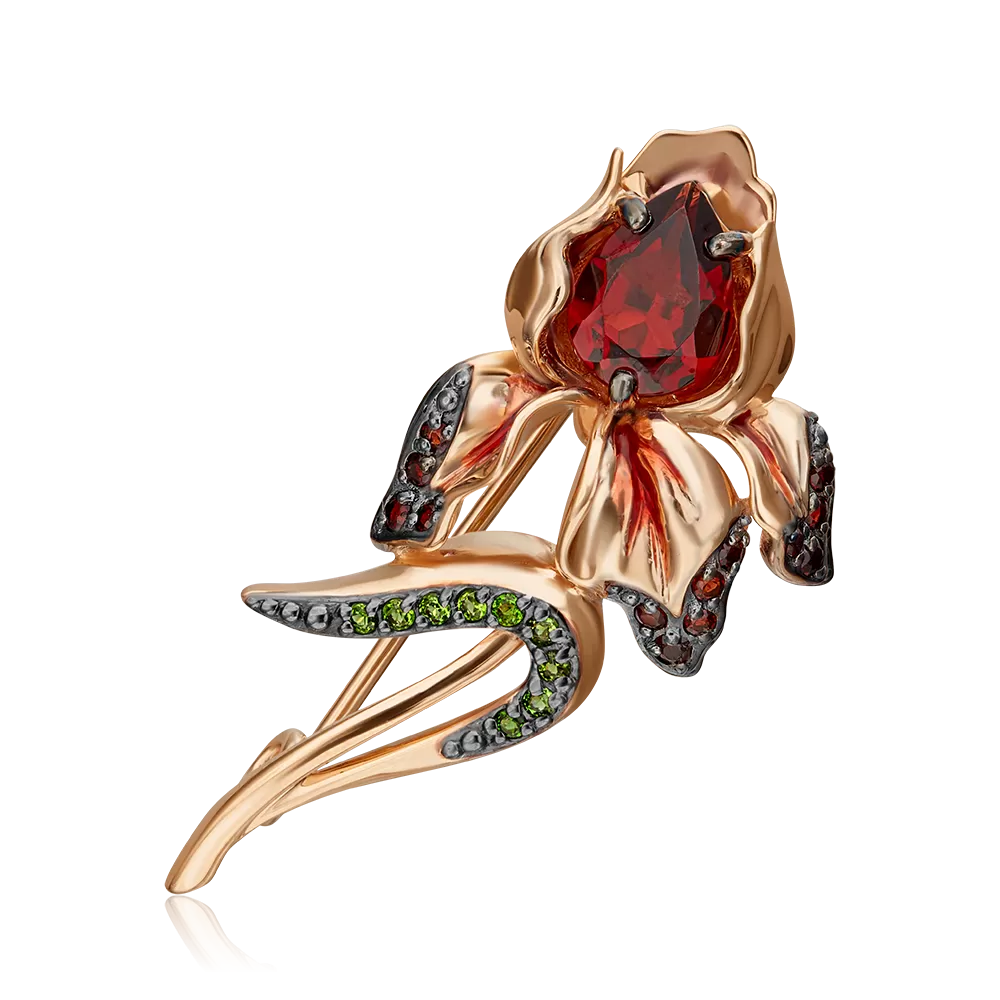 Брошь «Ирис» из красного золота с гранатами, хромдиопсидами и эмалью 04-0249-00-706-1110-57