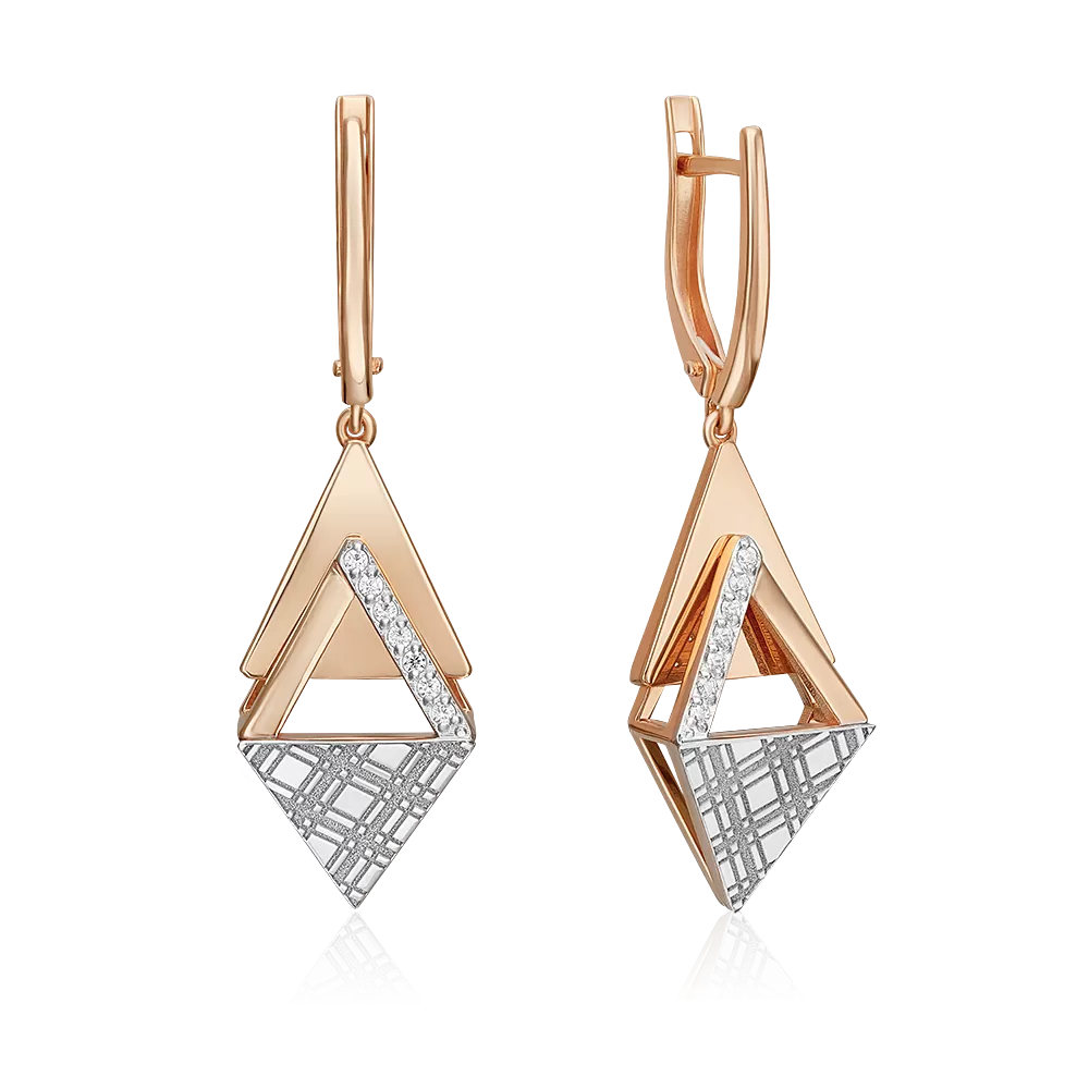 Серьги с принтом «Клетка» из комбинированного золота с фианитами 02-5186-00-401-1111