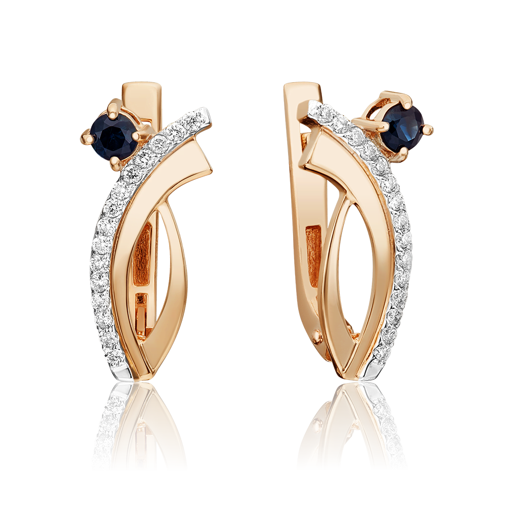 Серьги с английским замком из красного золота с сапфиром и бриллиантами 02-0069-00-105-1110-30