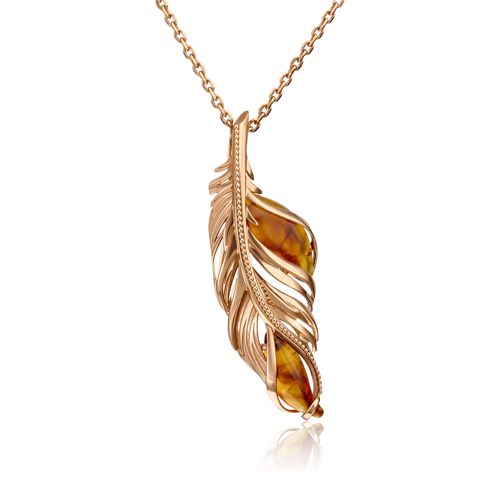 Подвеска «Перо» из красного золота с янтарём 03-2989-00-271-1110-46