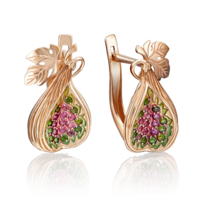 Серьги «Инжиры» с английским замком из красного золота с гранатами, хромдиопсидами и эмалью 02-4087-01-706-1110-57