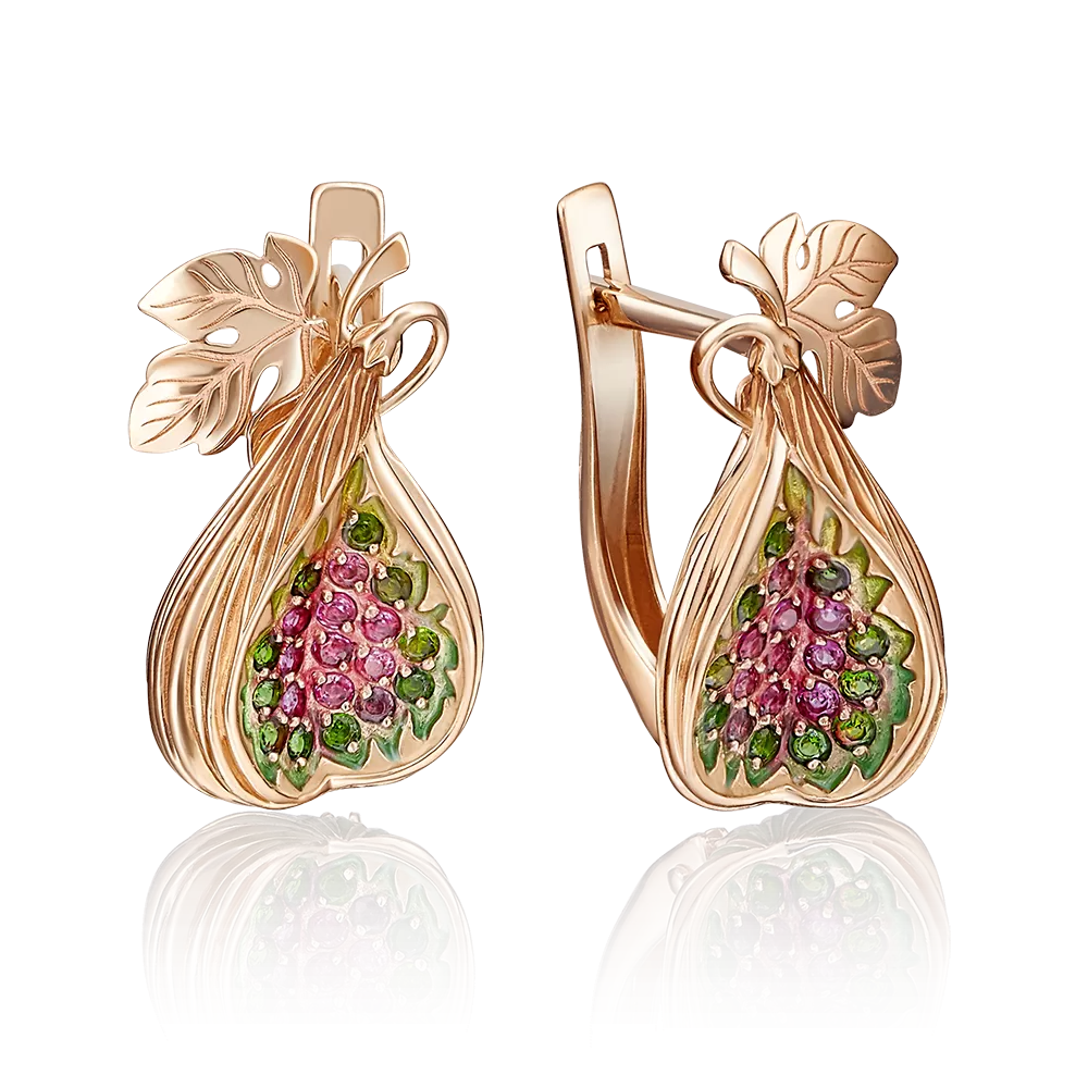 Серьги «Инжиры» с английским замком из красного золота с гранатами, хромдиопсидами и эмалью 02-4087-01-706-1110-57