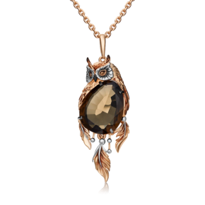 Подвеска «Сова» из красного золота с кварцем дымчатым и эмалью 03-2974-00-202-1110-46