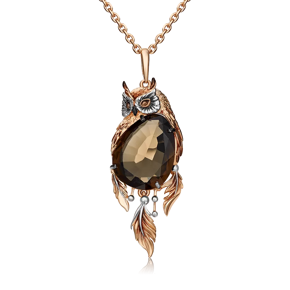 Подвеска «Сова» из красного золота с кварцем дымчатым и эмалью 03-2974-00-202-1110-46