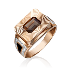 Печатка из красного золота с кварцем дымчатым, фианитами и эмалью 01-2231-00-208-1110-46