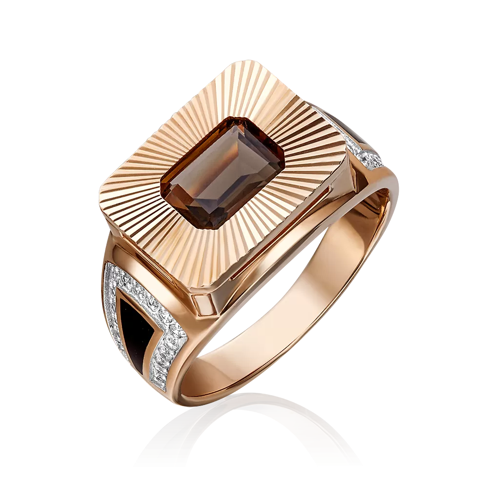 Печатка из красного золота с кварцем дымчатым, фианитами и эмалью 01-2231-00-208-1110-46