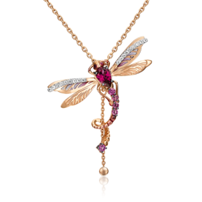 Подвеска «Стрекоза» из красного золота с гранатами, натуральными топазами white и эмалью 03-3071-01-264-1110-57