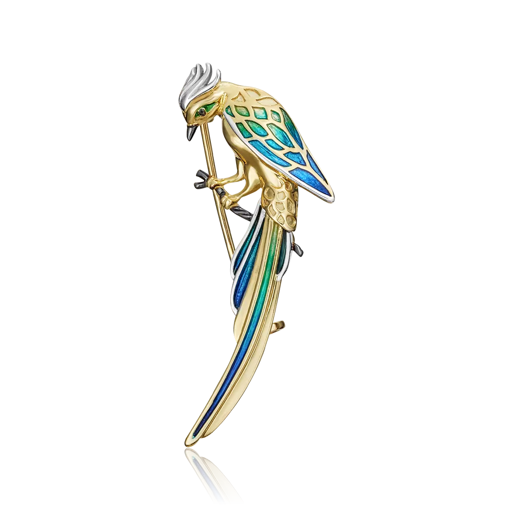 Брошь «Птица Квезаль» из лимонного золота с эмалью 04-0231-00-000-1130-48