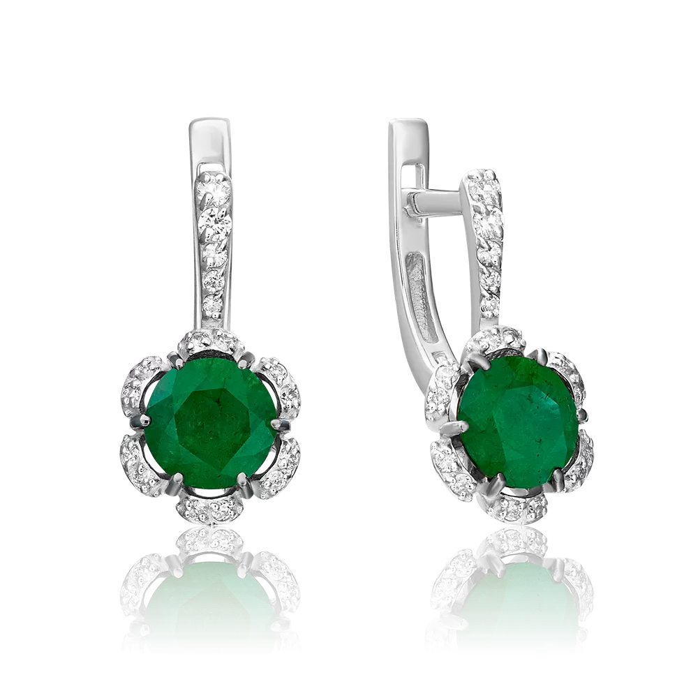 Серьги с английским замком из белого золота с изумрудом и бриллиантами 02-0935-00-106-1120-30