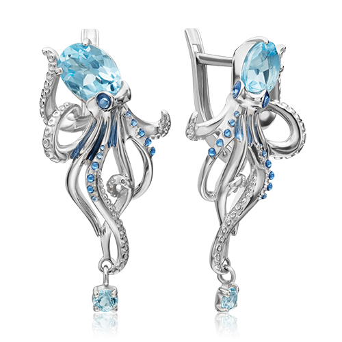 Серьги «Осьминоги» с английским замком из серебра с топазами и эмалью 02-4766-00-201-0200-69