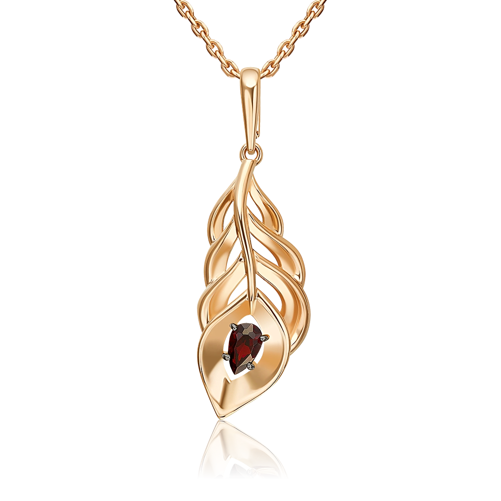 Подвеска «Перо сказочной птицы» из красного золота с гранатом 03-3655-00-204-1110