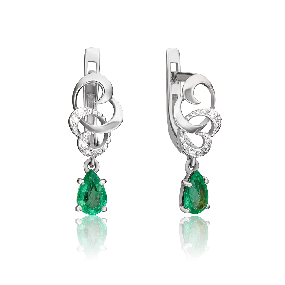 Серьги с английским замком из белого золота с изумрудом и бриллиантами 02-0891-00-106-1120-30