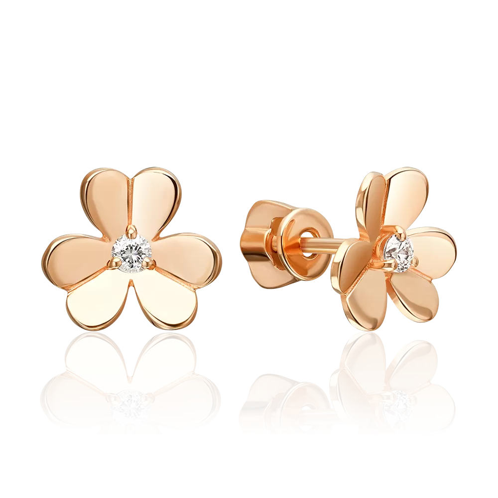 Серьги-пусеты «Цветы» из красного золота с фианитом 02-5593-00-401-1110