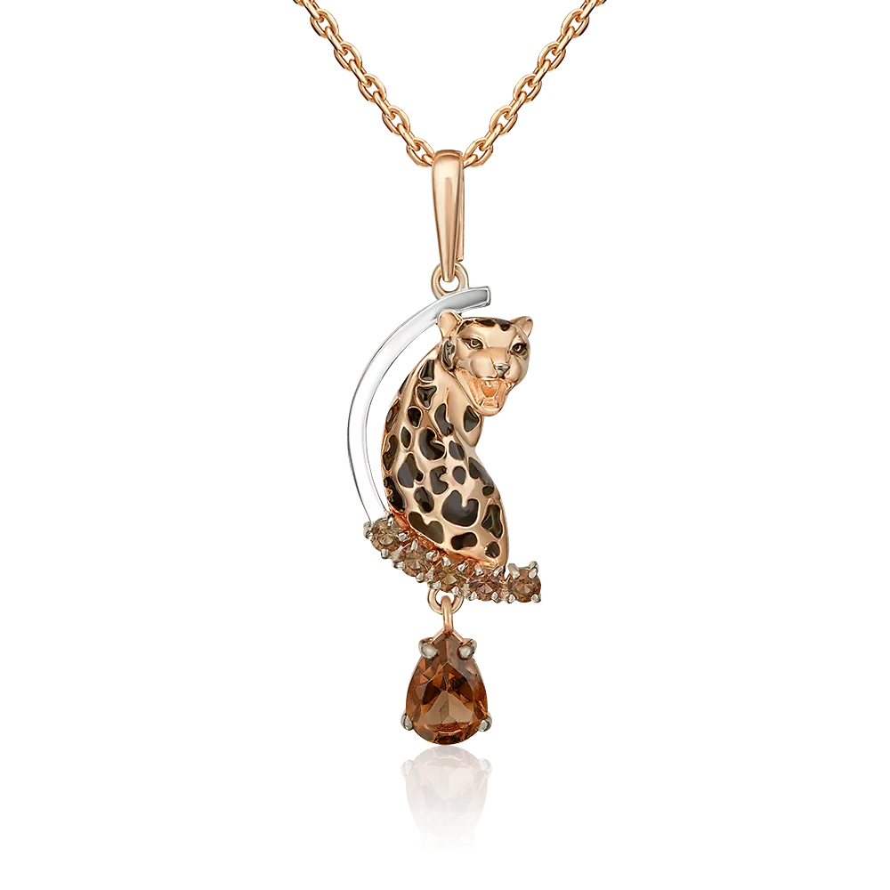 Подвеска «Леопард» из комбинированного золота с кварцем дымчатым и эмалью 03-3626-00-202-1111
