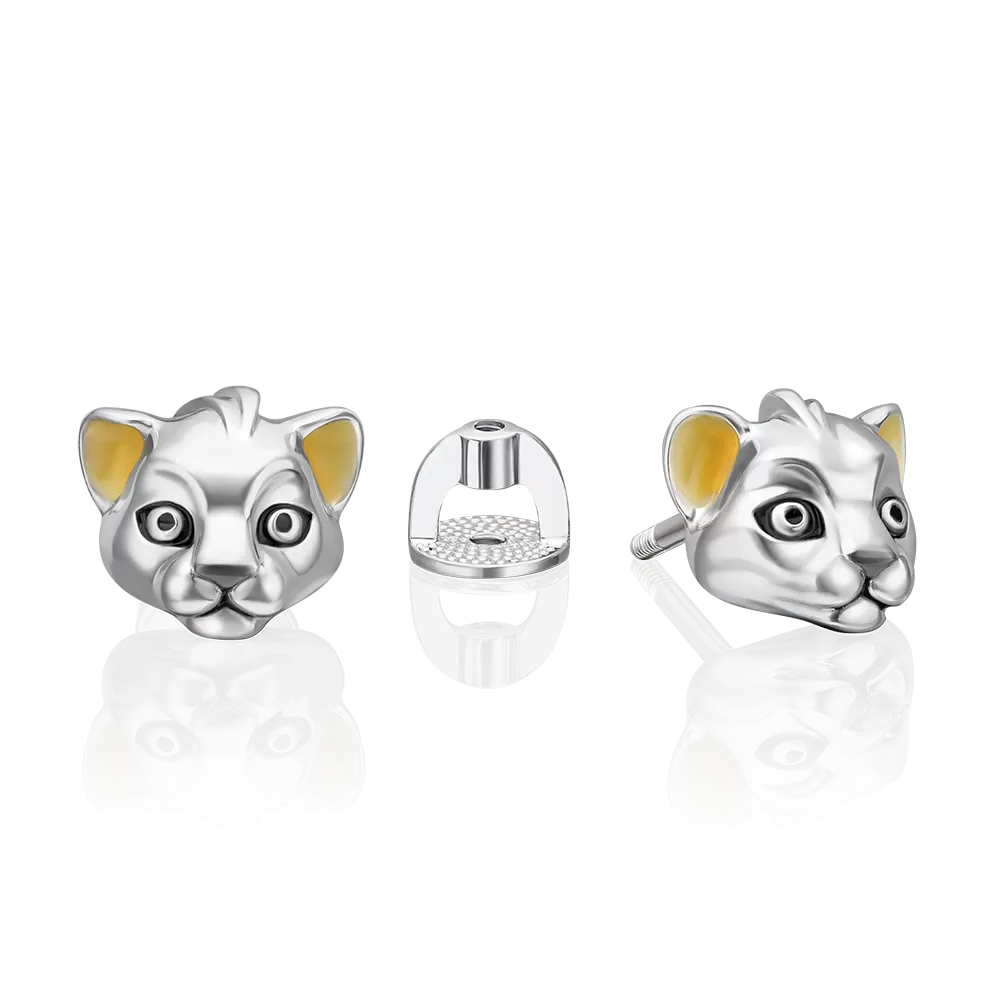 Серьги-пусеты «Львята» из серебра с эмалью 02-5108-00-000-0200
