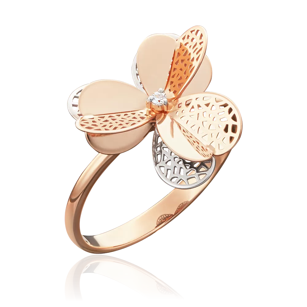 Кольцо «Клевер» из красного золота с фианитом 01-5003-00-401-1110-48