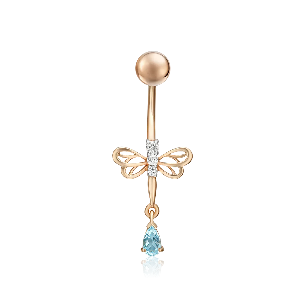 Пирсинг в пупок «Стрекоза» из красного золота с топазом и фианитами 06-3302-00-207-1110-46