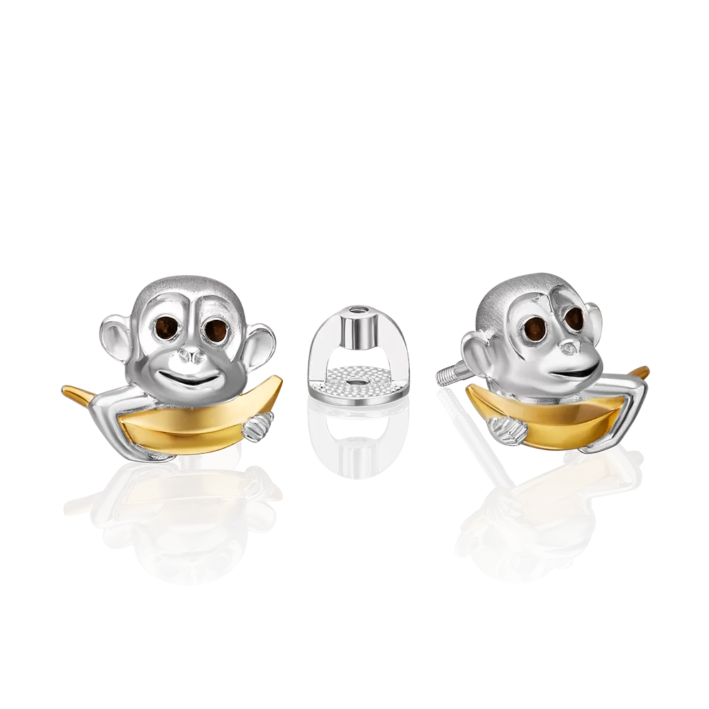 Серьги-пусеты «Обезьяны» из серебра с эмалью 02-5117-00-000-0200