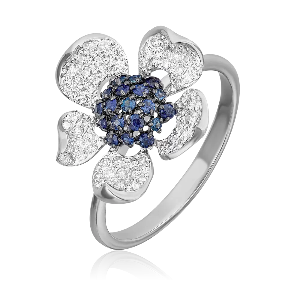 Кольцо «Пион» из белого золота с сапфирами и бриллиантами 01-1377-00-105-1120-30