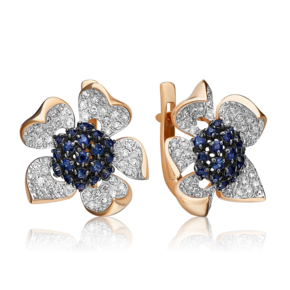Серьги «Пионы» с английским замком из красного золота с сапфирами и бриллиантами