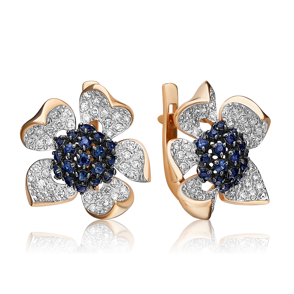 Серьги «Пионы» с английским замком из красного золота с сапфирами и бриллиантами 02-0832-00-105-1110-30