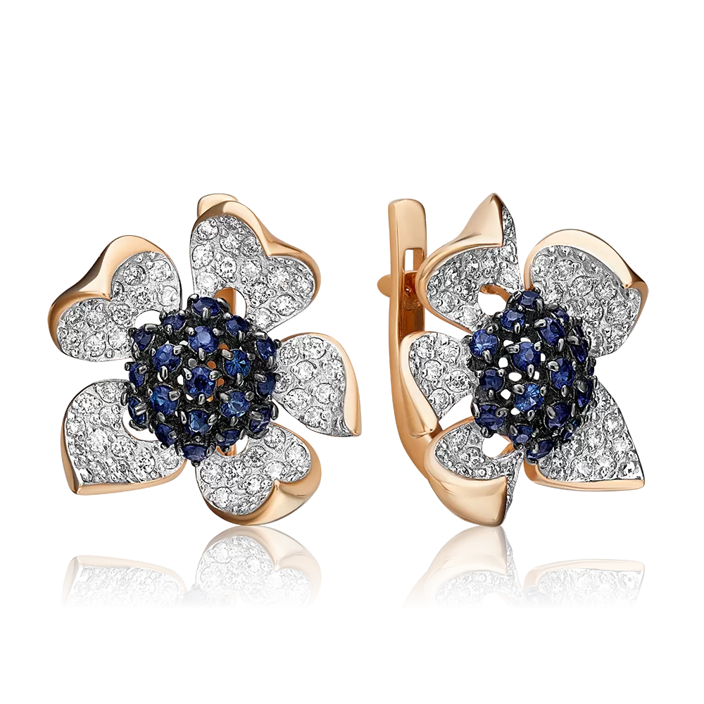 Серьги «Пионы» с английским замком из красного золота с сапфирами и бриллиантами 02-0832-00-105-1110-30