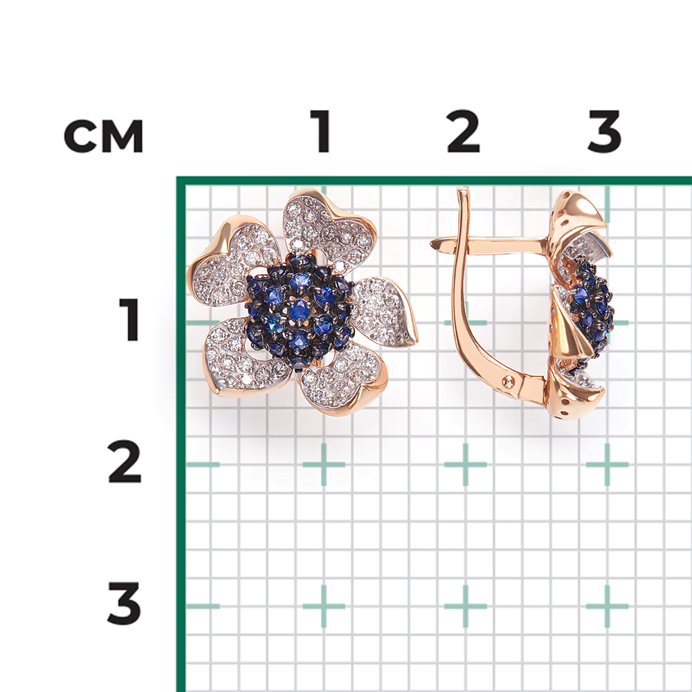 Серьги «Пионы» с английским замком из красного золота с сапфирами и бриллиантами 02-0832-00-105-1110-30